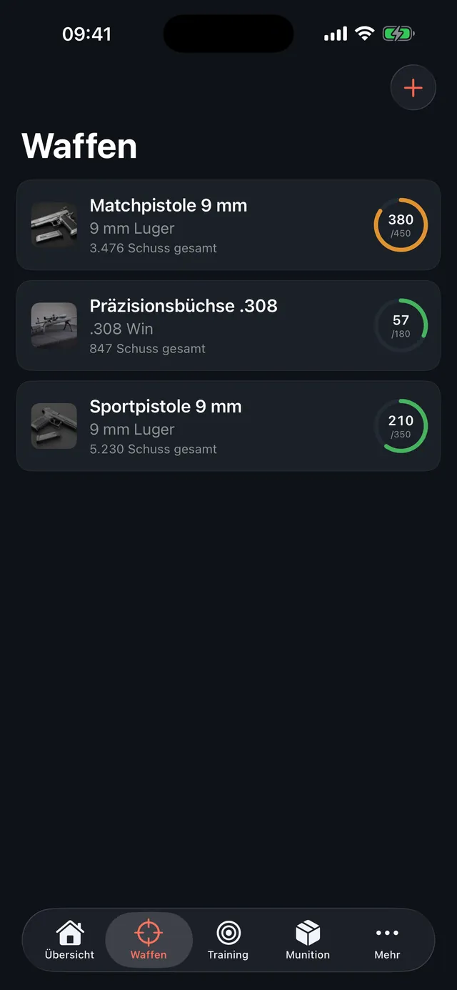 Waffenliste mit Schusszahl und Reinigungsstatus
