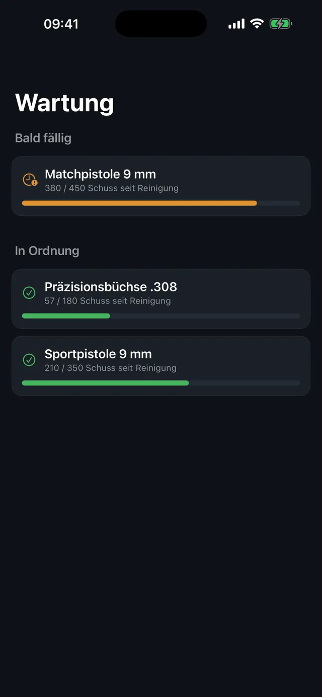 Wartungsübersicht mit Status je Waffe